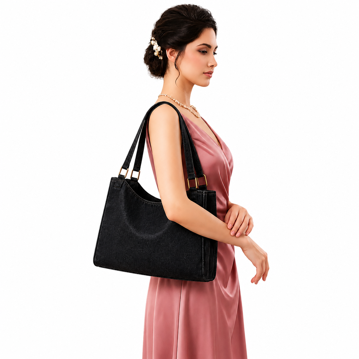 Dark Black Denim Double Handbag