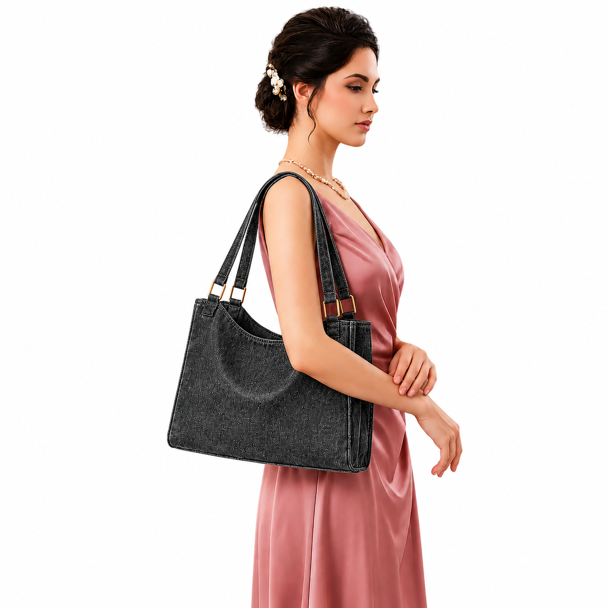 Luxury Black Denim Double Handbag