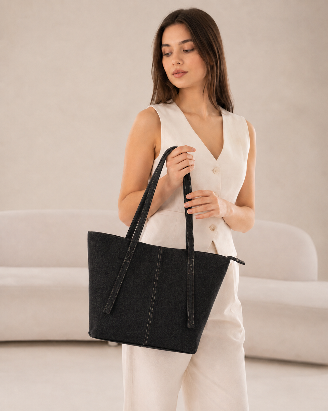 A woman in a white sleeveless top and white pants holds a large black tote bag with long shoulder straps in a softly lit indoor setting.