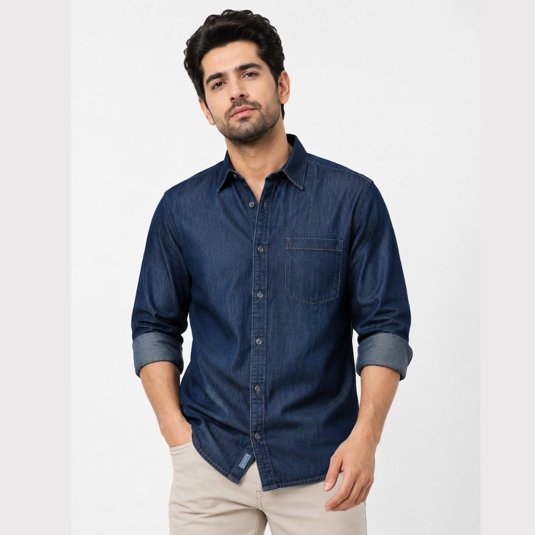 Men's Solid Blue Long-Sleeve Casual Denim Shirt