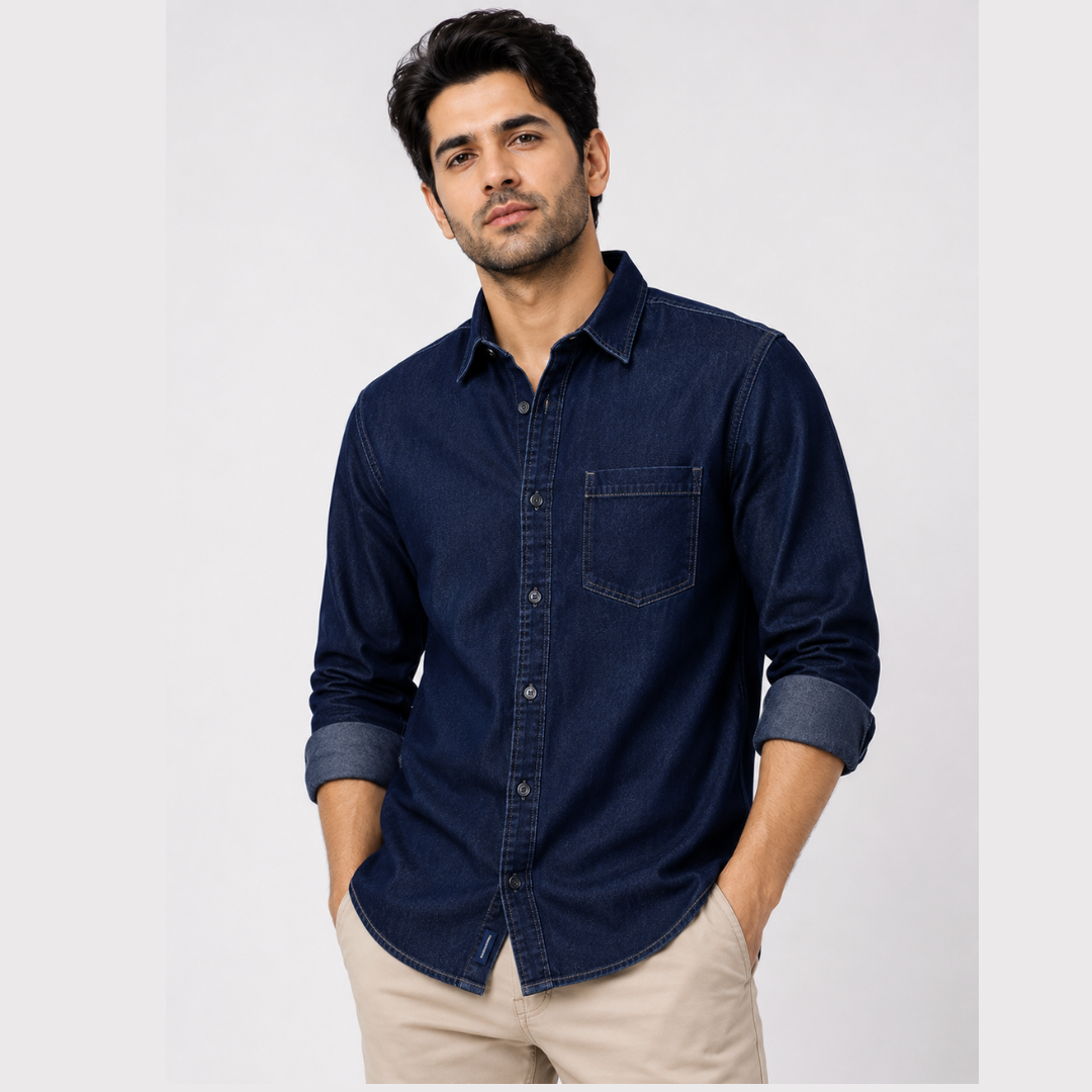 Men's Solid Navy Blue Long-Sleeve Denim Shirt