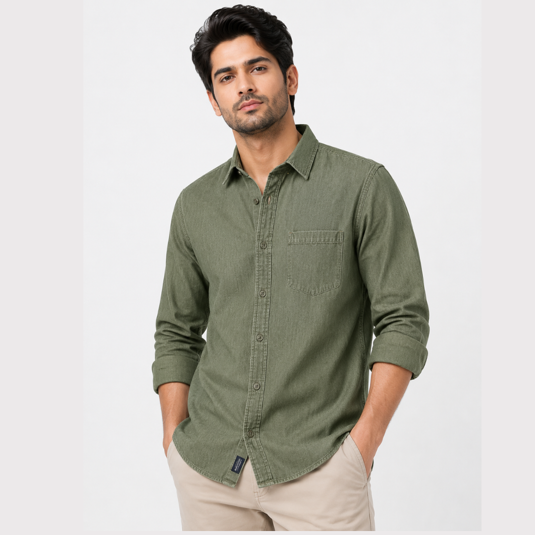 Men's Solid Sage Long-Sleeve Casual Denim Shirt