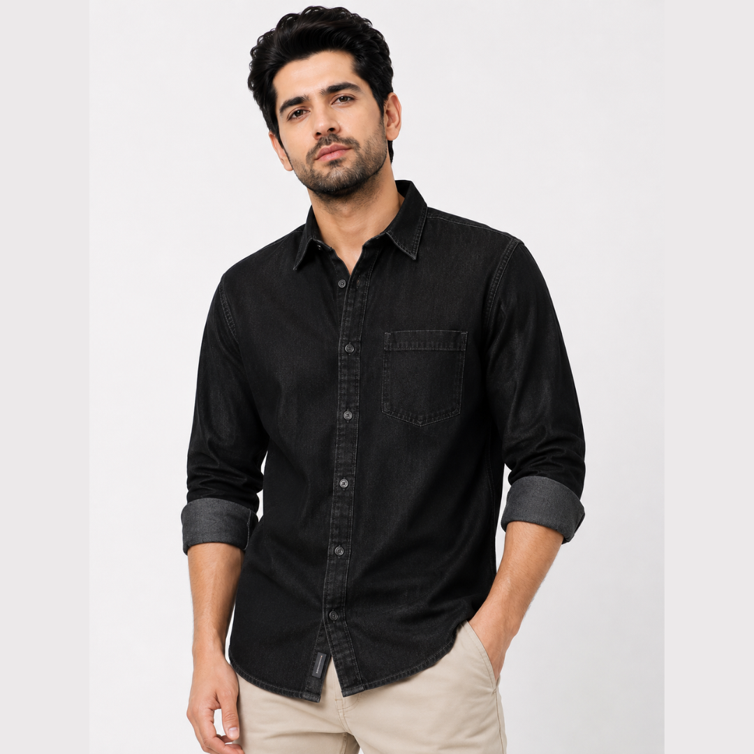 Men's Solid Black  Denim Shirt
