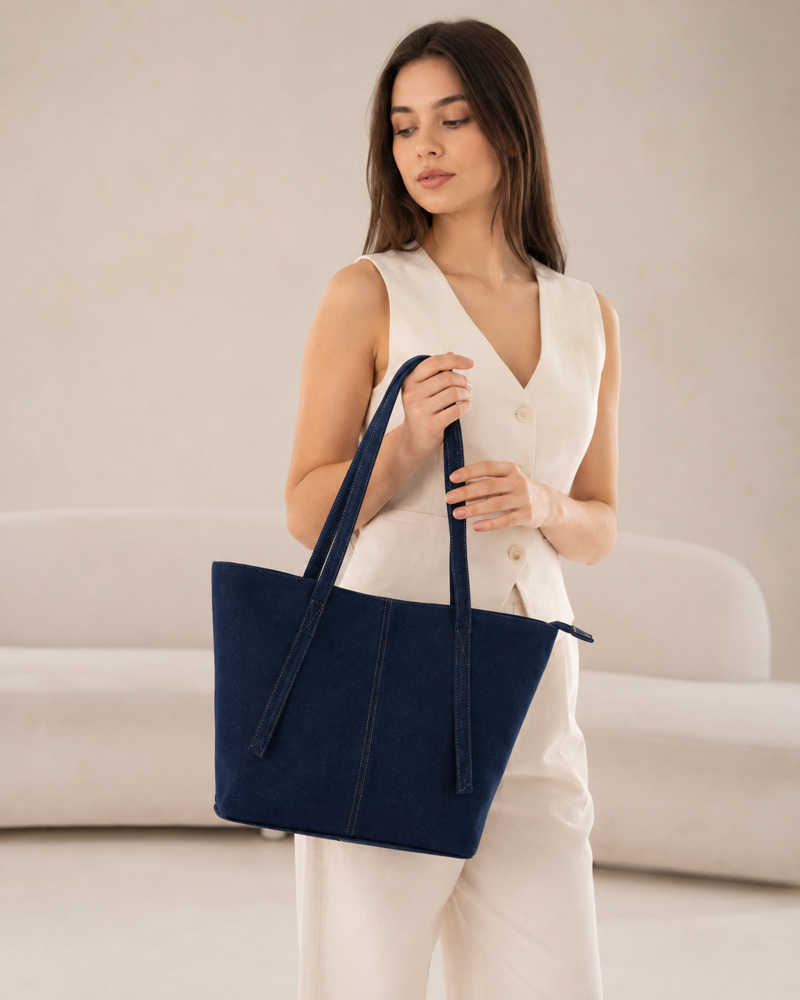Streetline Dark Wash Navy Blue Denim Tote Bag - Image 2
